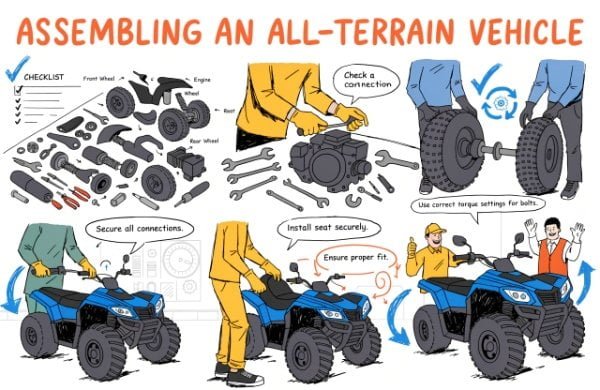 A fleet of new ATVs in a factory warehouse